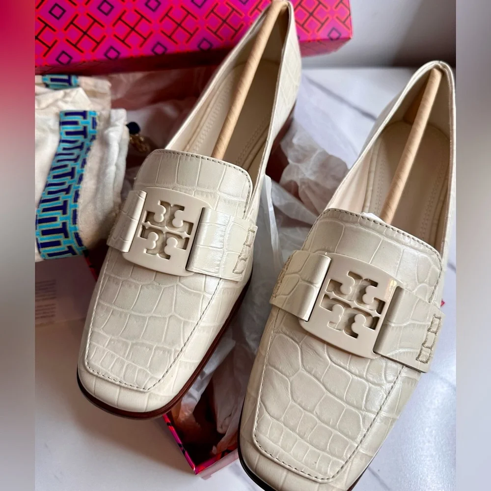 Tory Burch Ivory Croc-Embossed Loafers